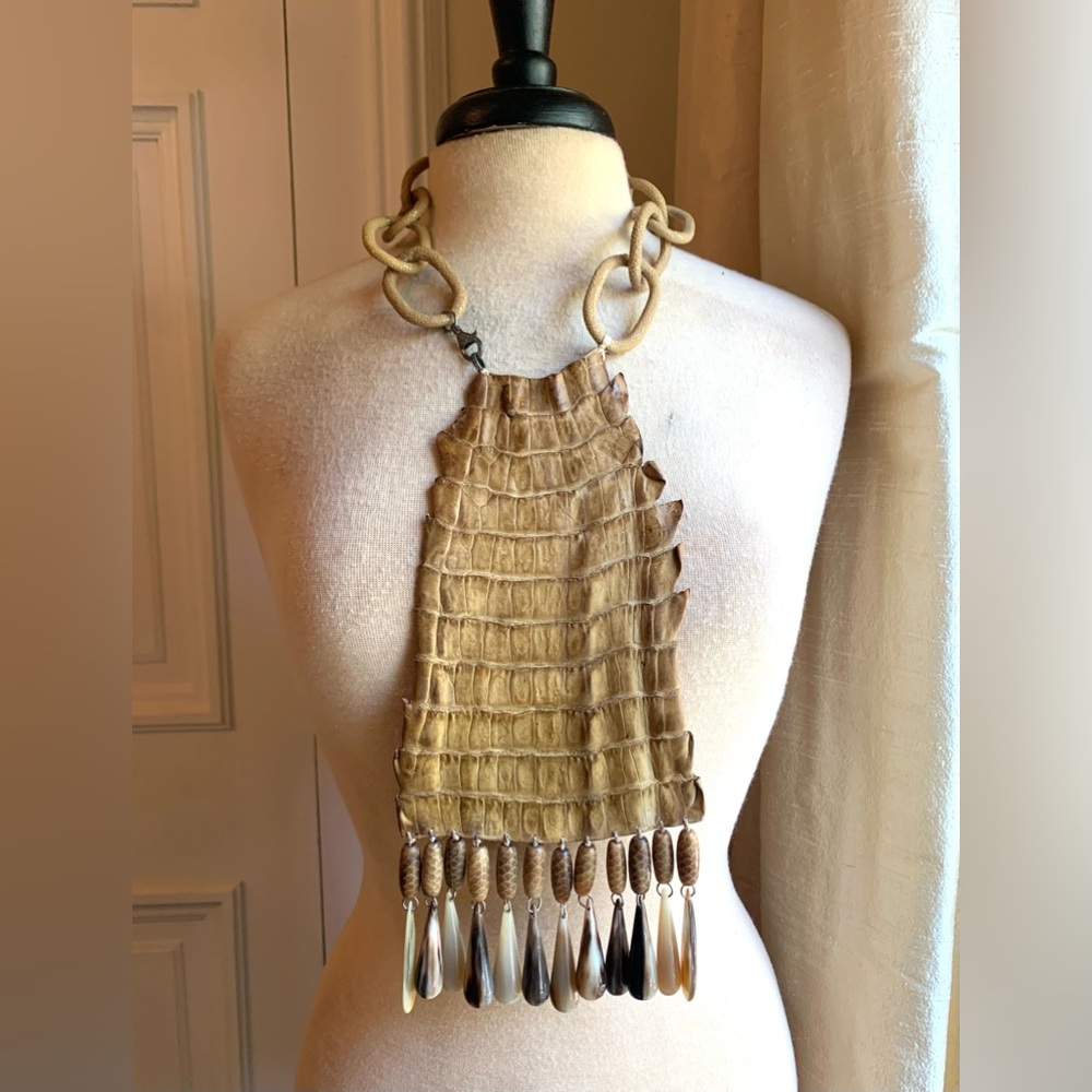 Sweet Olive Tan Crocodile & Shagreen Necklace with Horn Detail & Diamond Clasp